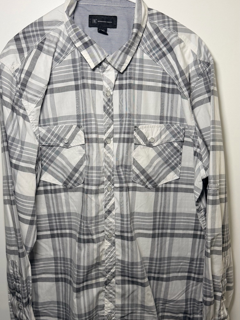 INC Mens XXL Plaid Western Shirt Pearl Snap Gray White Long Sleeve Cowboy